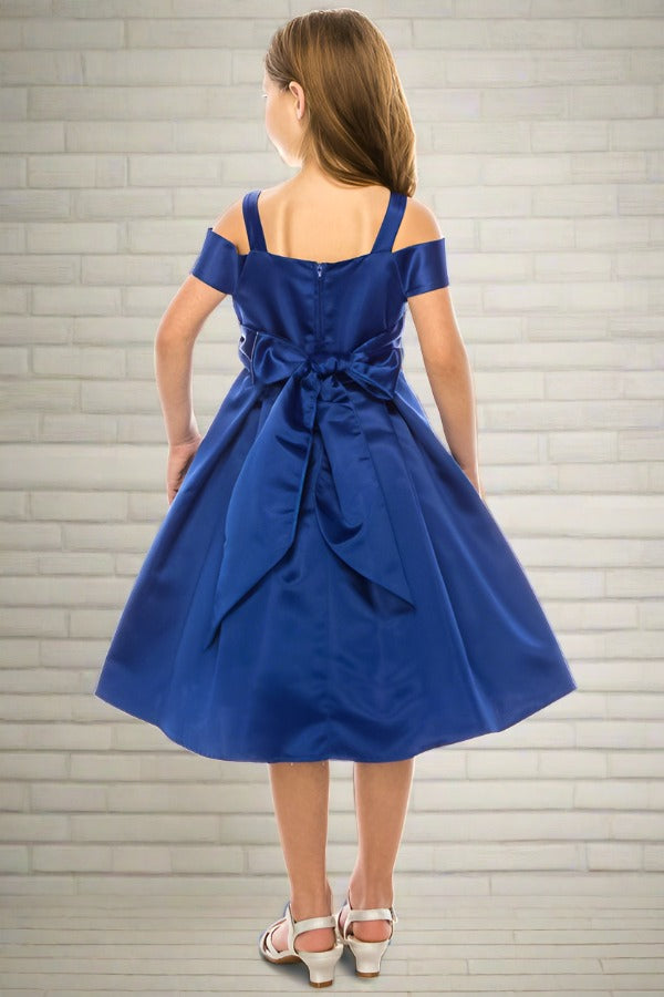 Satin Peekaboo Shoulder Girls Dress features a cut out shoulder dress that's loved by tween girls and older girls. Shop formal girls dresses for tween and  hard to please older girls dresses.  Grandma' Little Darlings, shop GTA or online Canada now!