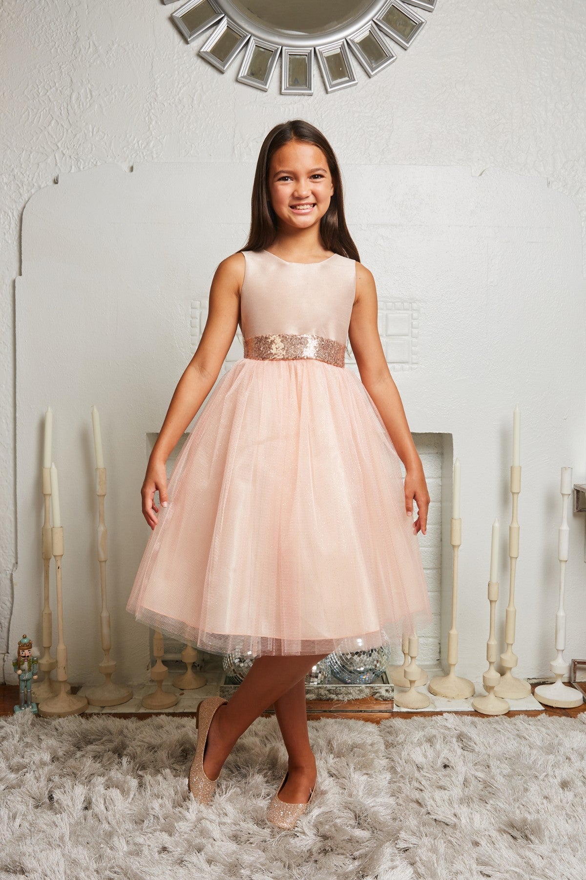 Sequined V Back & Bow Girls Party Dress