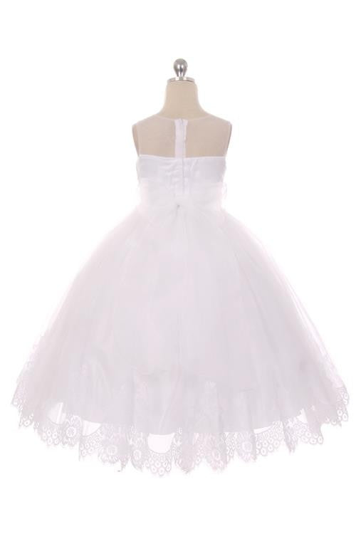 Lace Applique Illusion Girls Dress - White & Ivory