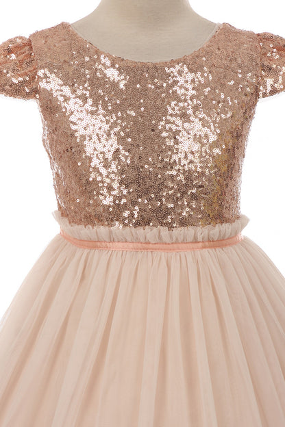 Sequined Pleated Mesh Girls Dress 
