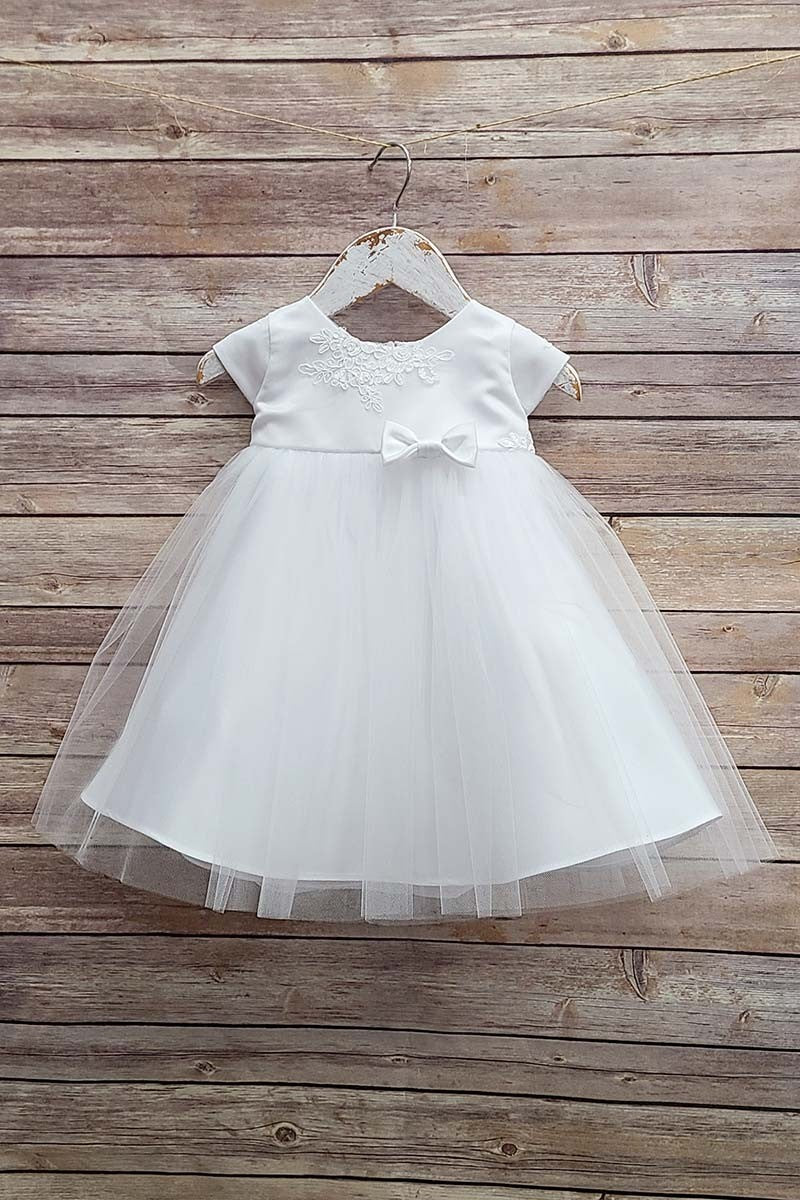 Cap Sleeve Embroidered Baby Dress With Bow White Ivory