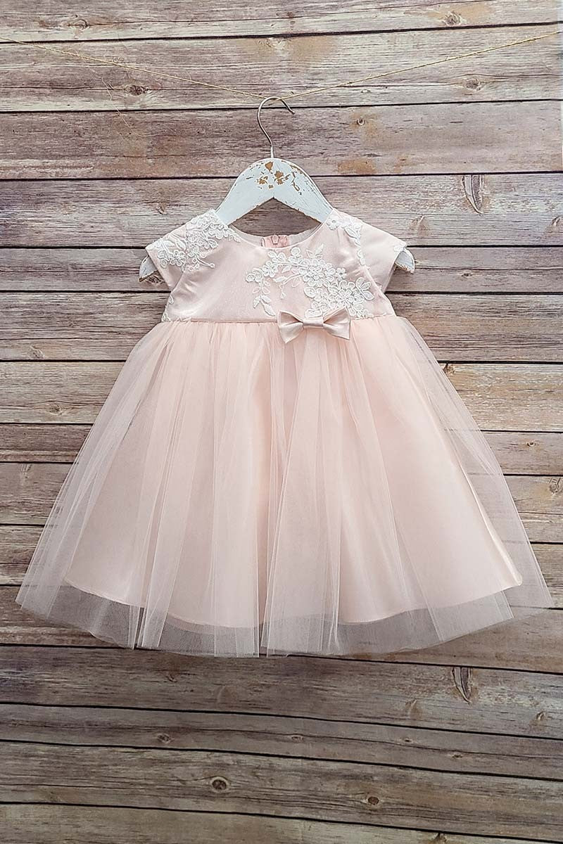 Cap Sleeve Embroidered Baby Dress With Bow Blush