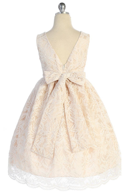 Lace V Back Bow Girls Dress - Off White