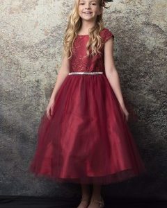 Romantic Peek Sleeve Girls Dress - Burgundy