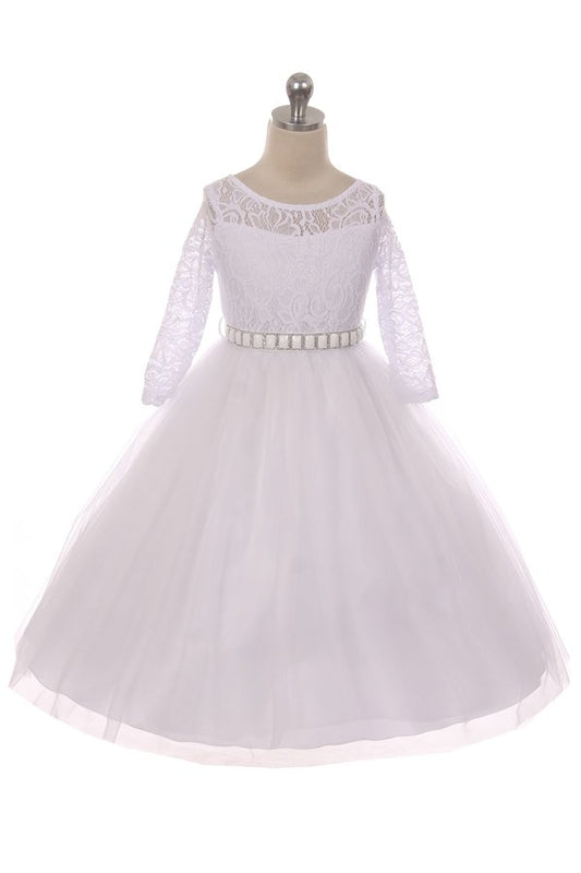 Long Sleeve Stretchy Lace Girls Dress - White