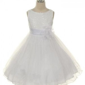 Glitzy Sequin & Tulle Girls Dress - White