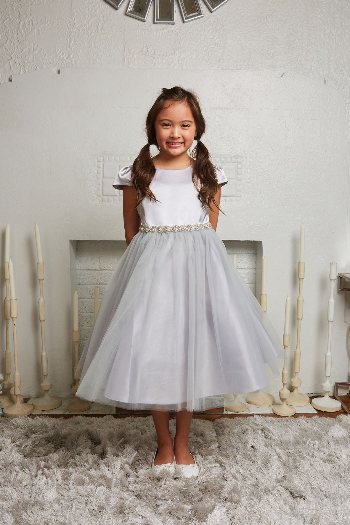 Fitted Cap Sleeve Girls Dress - Rhinestone Trim