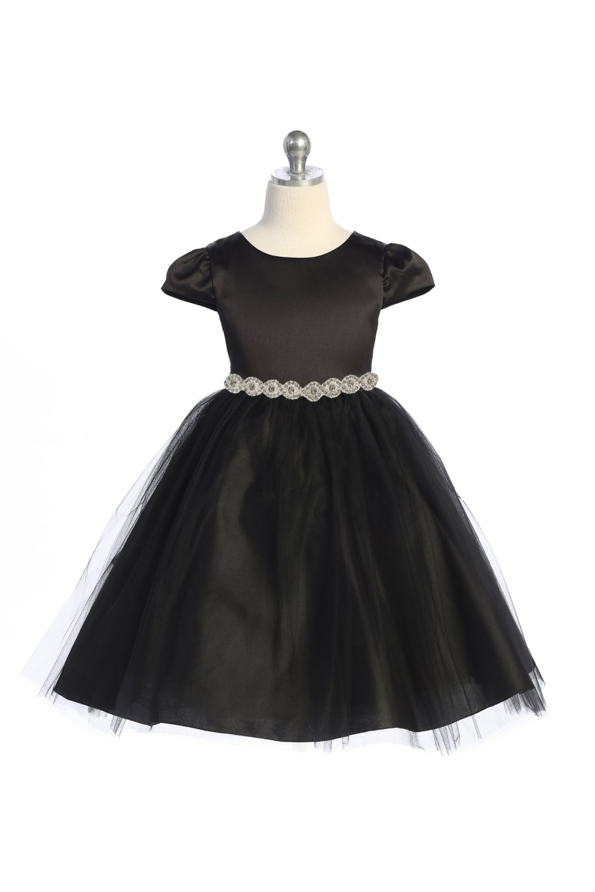 Fitted Cap Sleeve Girls Dress with Rhinestone Trim