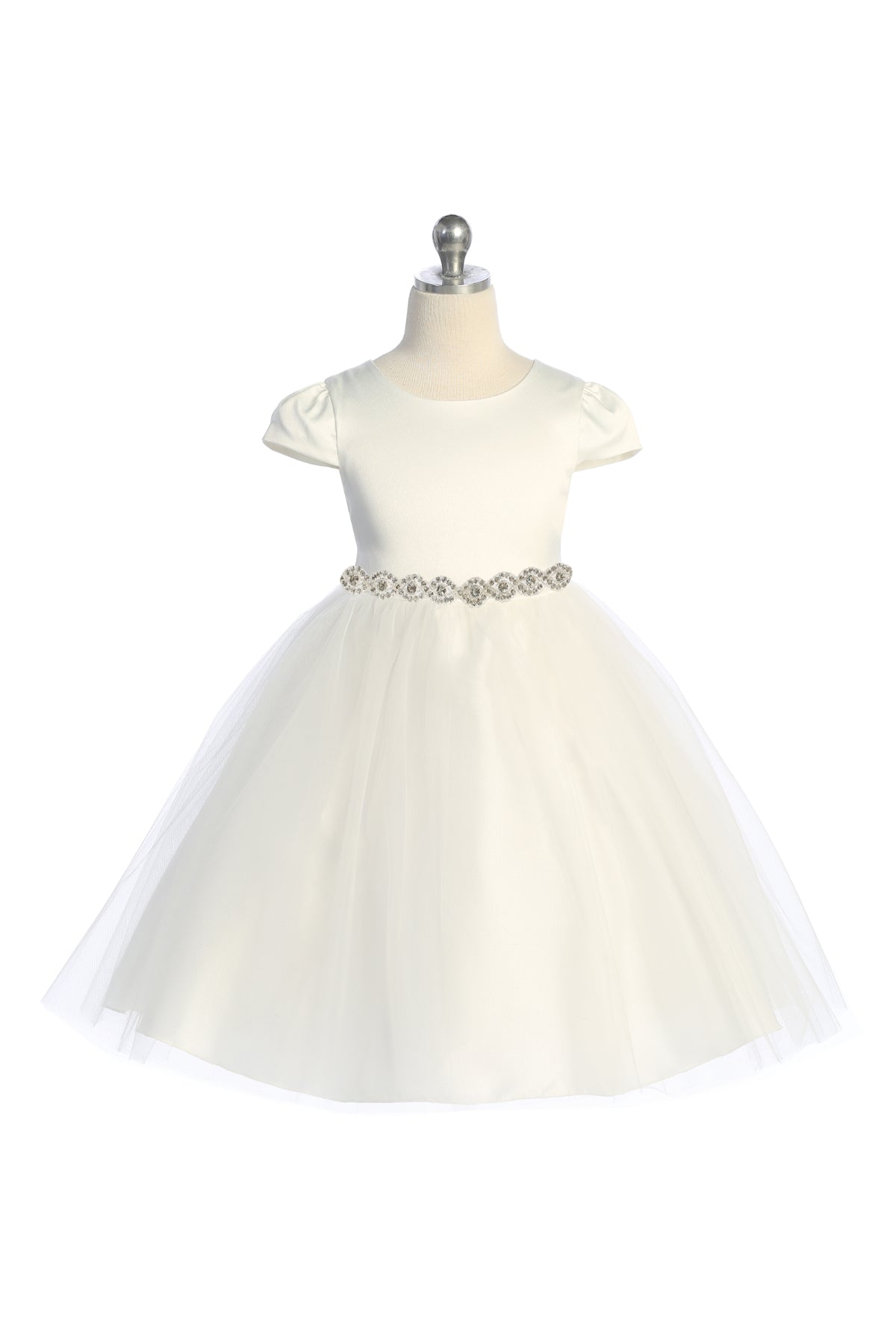 Fitted Cap Sleeve Girls Dress Wavy Pearl Rhinestone Trim