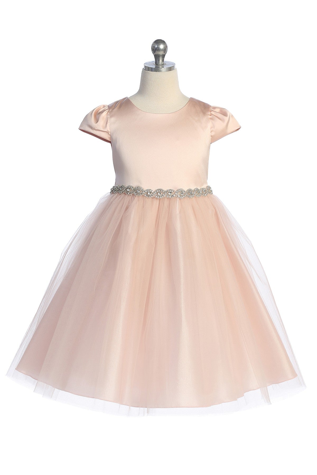 Fitted Cap Sleeve Girls Dress - Rhinestone Trim