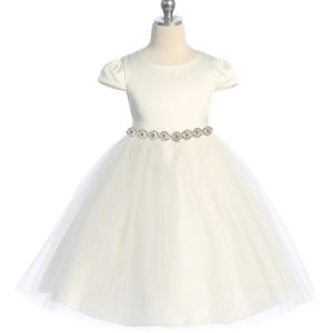 Simple Satin Cap Sleeve Girls Dress - Ivory