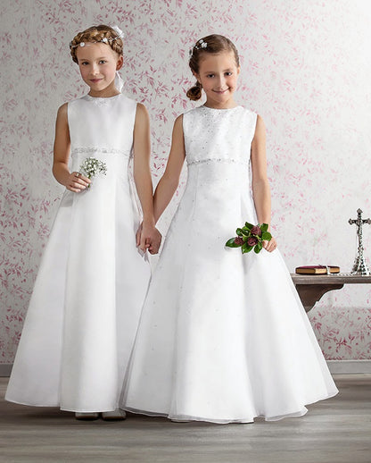 A-Line Girls Long Satin Gown White & Off White