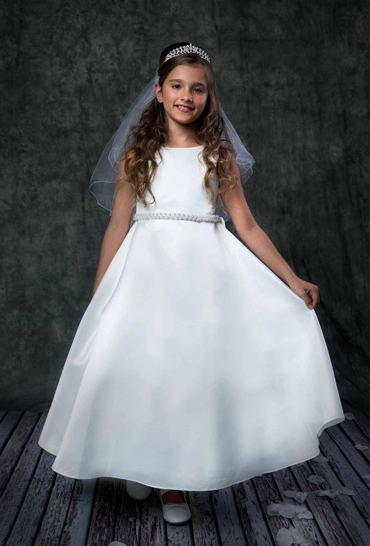 A-Line Girls Long Satin Gown White & Off White