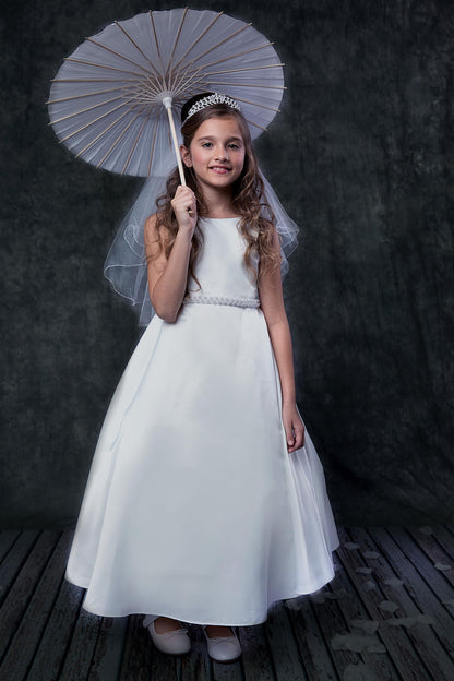 A-Line Girls Long Satin Gown White & Off White