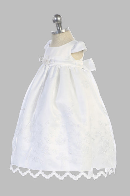 Affordable Christening Gown With Cross Embroidered Hem with a white bonnet for with cross Christening or Baptizing a baby girl