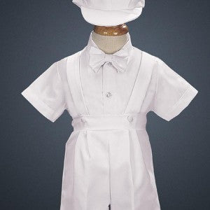 Boys Suspender Shorts & hat set boys and toddler formal short set, short sleeve shirt, bow tie, navy, white and black - Grandma's Little Darlings
