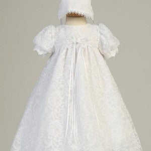 Allover Lace Long Baptism Gown girls white lace gown and bonnet for christening or baptizing a baby girl or boy