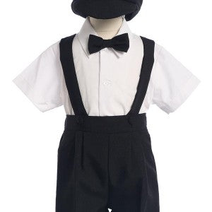 Boys Suspender Shorts & hat set boys and toddler formal short set, short sleeve shirt, bow tie, navy, white and black - Grandma's Little Darlings