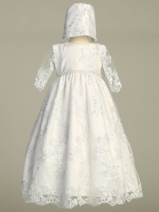 Corded Embroidered Tulle Baptismal Gown With Long Sleeves