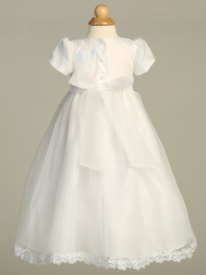 Darling simple organza Baptism gown for Baptism or Christening. Simple organza gown has a pretty sequined lace waist band the gown is fully lined 