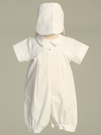 Cotton Hand Smocked Boys Romper  for baptism or christenings white boys formal short sleeve romper