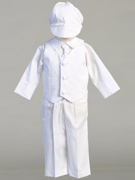 Boys baptismal cotton mix vest set with tie boys white pant and vest in poly cotton mix - Grandmas Little Darlings