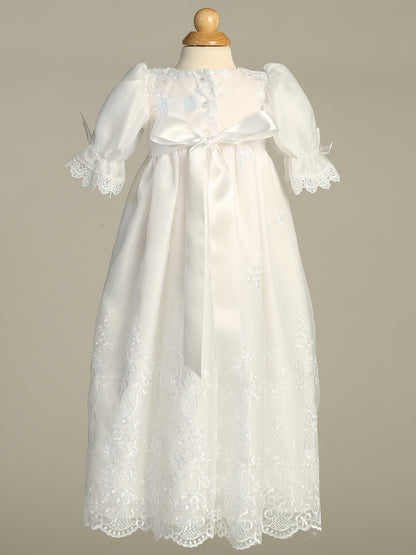 Embroidered Organza GownEmbroidered Organza Gown With Three Quarter Sleeve Shop online girls Christening and Baptismal gowns.