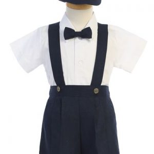 Boys Suspender Shorts & hat set boys and toddler formal short set, short sleeve shirt, bow tie, navy, white and black - Grandma's Little Darlings