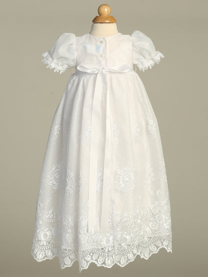 Embroidered Soft Tulle Lace Long Baptism Gown made of white lace for baptismal dresses with a sweet bonnet