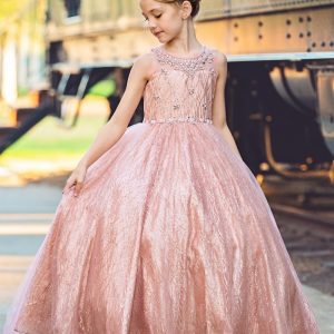 Glittery Sweetheart Top Girls Long Dress - Mauve Blush