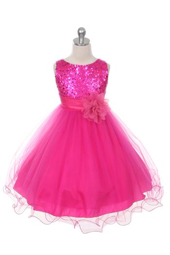 Glitzy Sequin & Tulle Girls Dress - Fuchsia