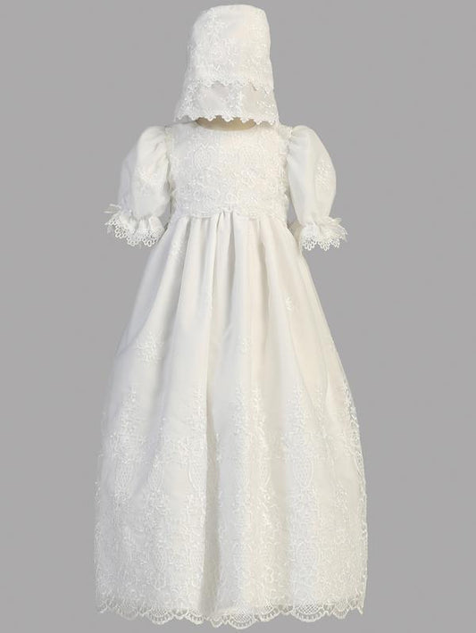 Embroidered Organza GownEmbroidered Organza Gown With Three Quarter Sleeve Shop online girls Christening and Baptismal gowns.