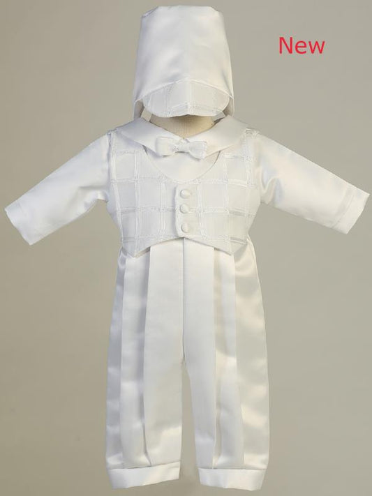 Boys Baptismal Romper with Organza Plaid Vest & Hat - Grandma's Little Darlings for boys Baptismal and Christening outfits and gowns.