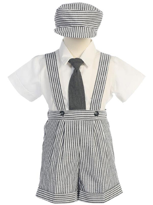 Boys Seersucker Suspender Shorts & Hat - Blue - Grandma's Little Darlings