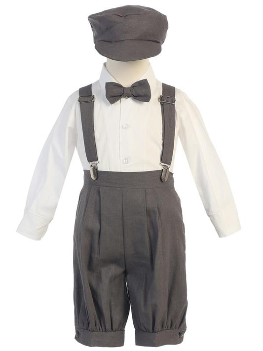 Boys Suspender & Knickers Set - Charcoal  4 piece boys suspender, hat, white long sleeve shirt, knickers. Boys formal outfit, Baby formal outfit Canada- Grandma's Little Darlings