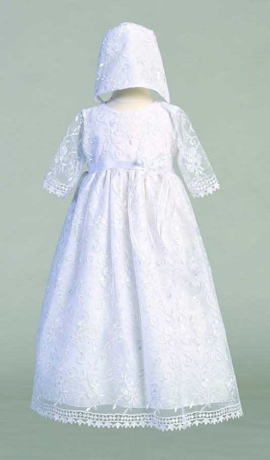 Embroidered Long Sleeve Baptism Gown - Grandma's Little Darlings Christening or Baptism gown with a long flowing skirt.