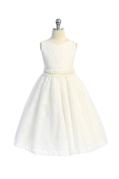 Lace V Back Bow Girls Dress - Off White