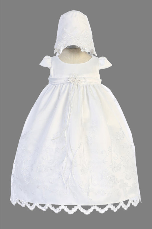Affordable Christening Gown With Cross Embroidered Hem with a white bonnet for  with cross Christening or Baptizing a baby girl