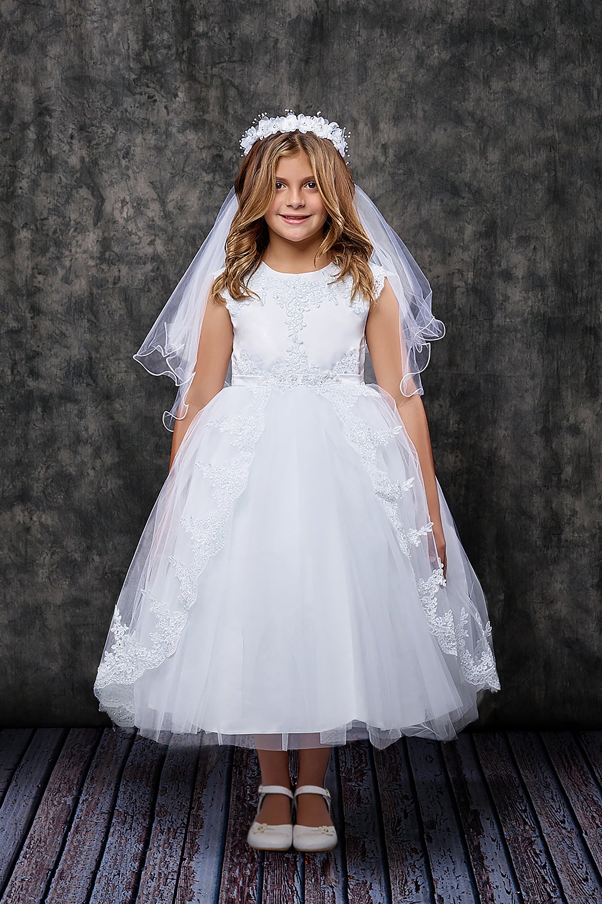 Lace Appliqué Swoop Train First Communion Dress - White
