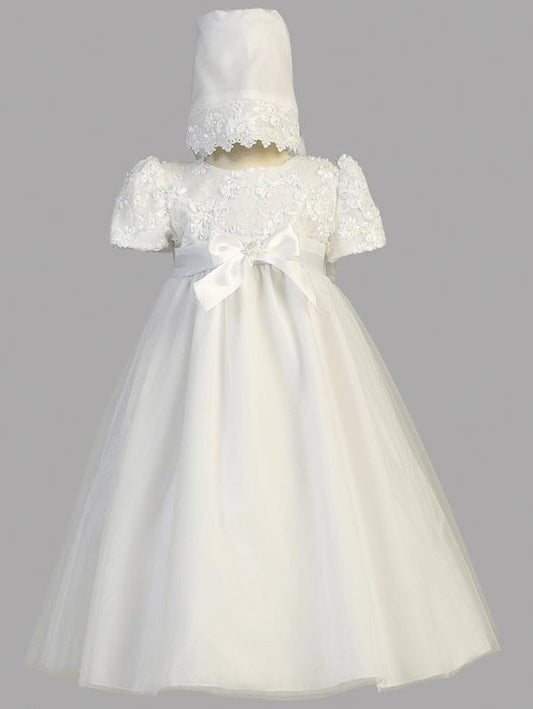 Girls Baptism Gown With Sequined Ribbon Top long gown with girls bonnet