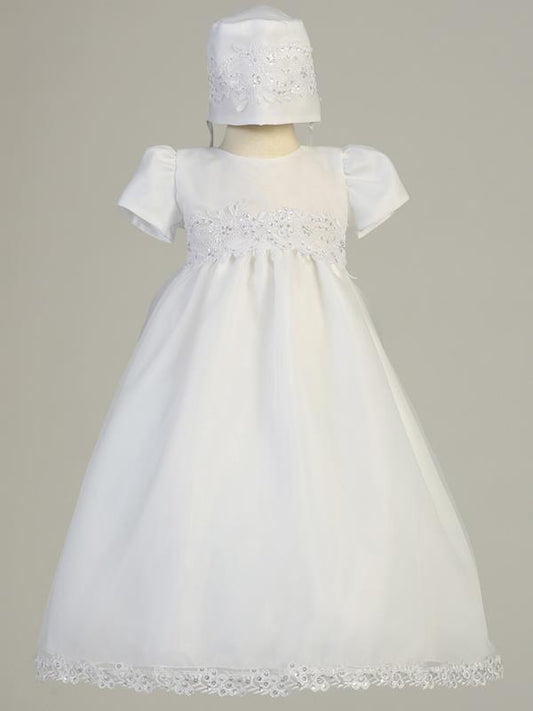 Darling simple organza Baptism gown for Baptism or Christening. Simple organza gown has a pretty sequined lace waist band the gown is fully lined 