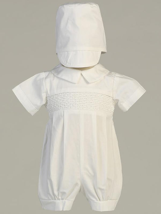 Cotton Hand Smocked Boys Romper  for boys baptism or christening white cotton outfit great for baptismal ceremonies