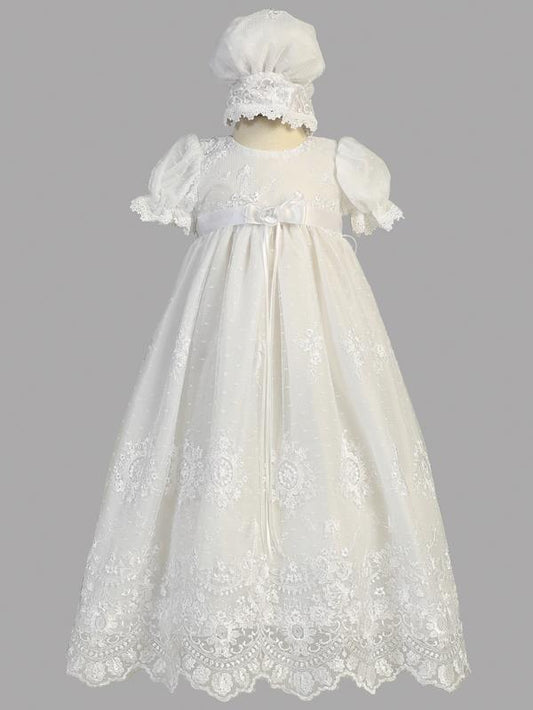 Embroidered Soft Tulle Lace Long Baptism Gown made of white lace for baptismal dresses with a sweet bonnet