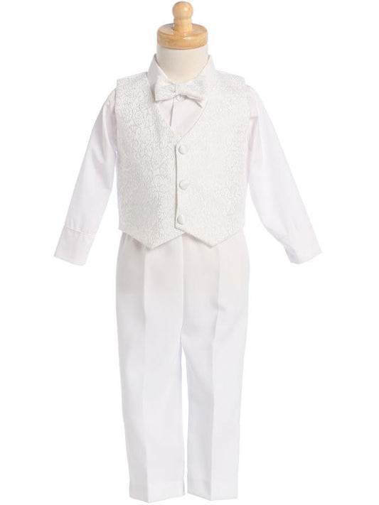 Boys Paisley Print Vest  Classic boys vest set includes a white long-sleeve shirt, removable bow tie, pants with elastic on the waist, and embroidered jacquard vest.- Grandma's Little Darlings