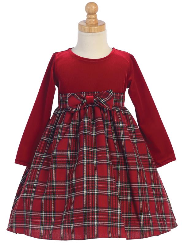 Plaid & Velvet Girls Holiday Dress - Red