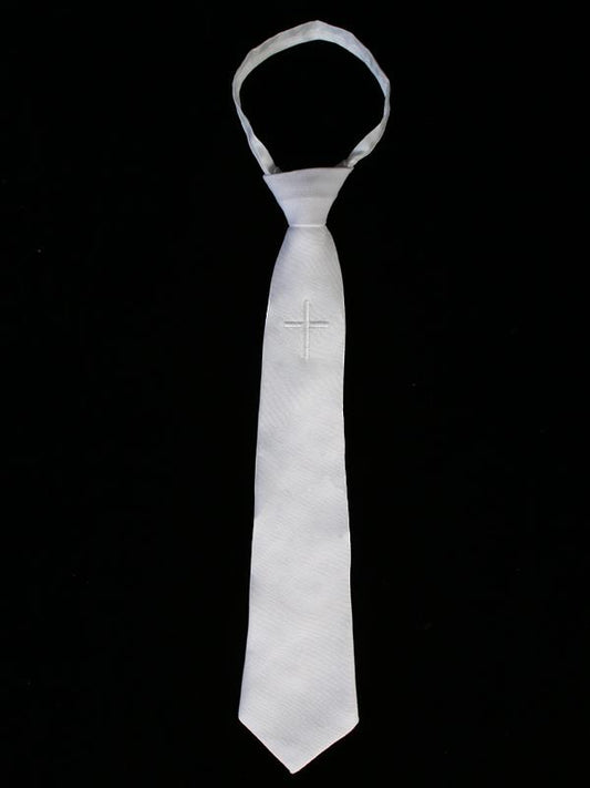 Boys White Necktie With Embroidered Cross shop boys white ties with crosses fro Baptism and frist Communion outfits Grandmas Little Darlings Mississauga, GTA Canada