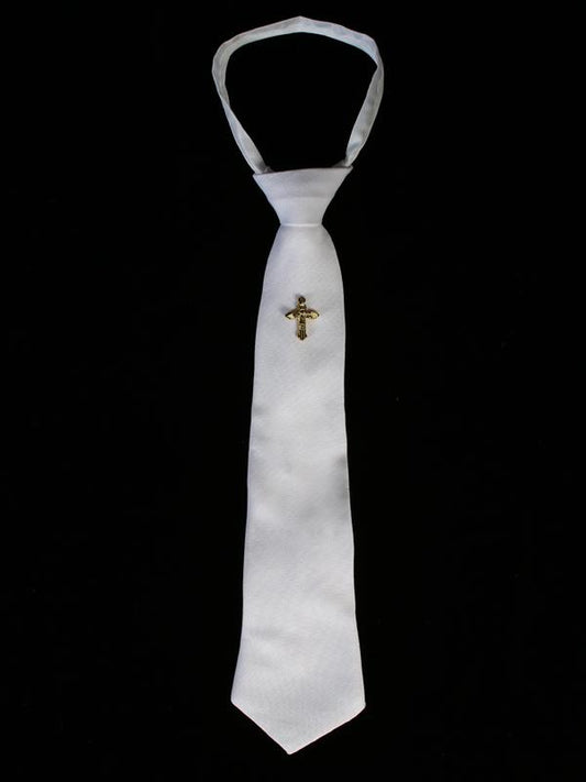 Boys White Necktie With Cross Of Gold, complete your boys First Communion, Baptism or Christening outfit with this zipper embroidered cross tie with a golden cross accent. Grandmas Little Darlings Mississauga GTA Canada