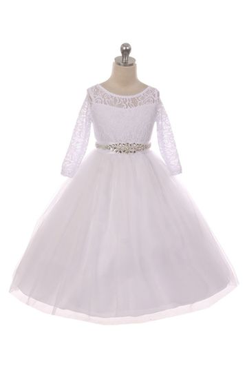 Long Sleeve Stretchy Lace Girls Dress With Crystal Belt - White