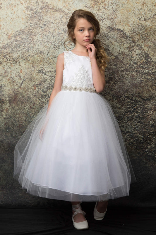 Silk Top Girls Dress with Beaded Applique - White